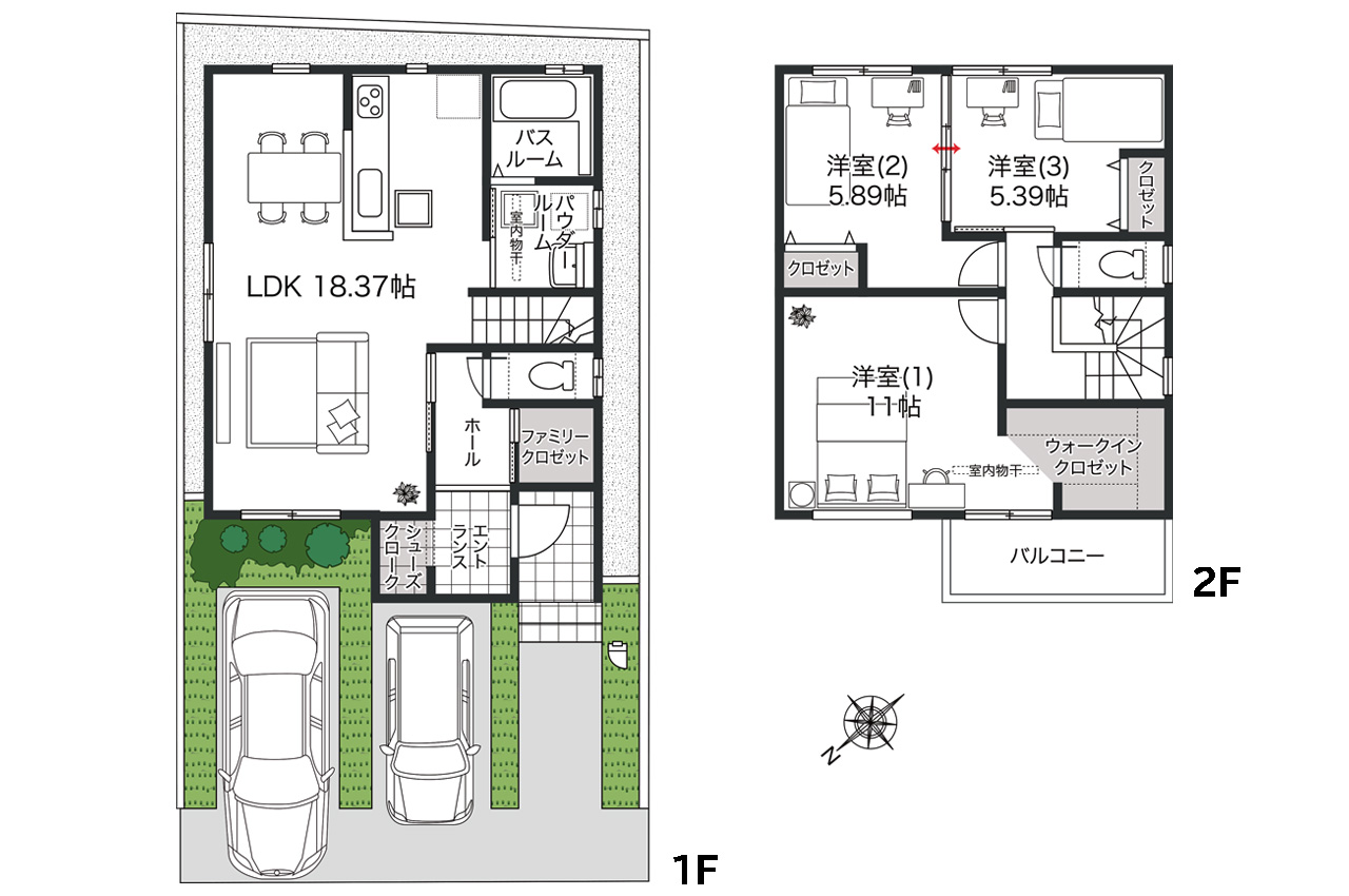 3LDK+WIC+SC+FC（家具・車の表記はイメージ配置になり、実際には付きません）