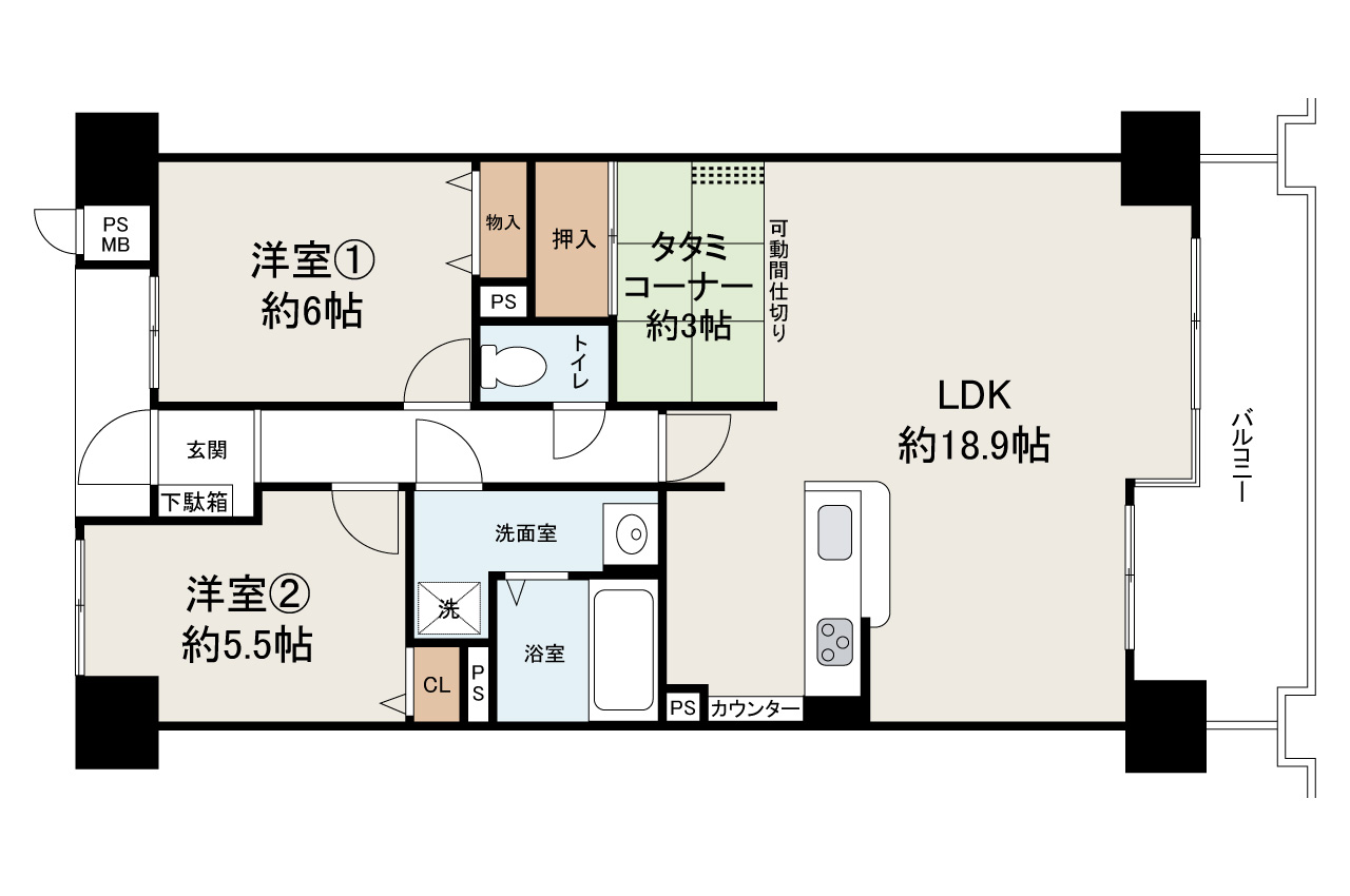 開放感のあるLDK+タタミコーナーが魅力の間取り