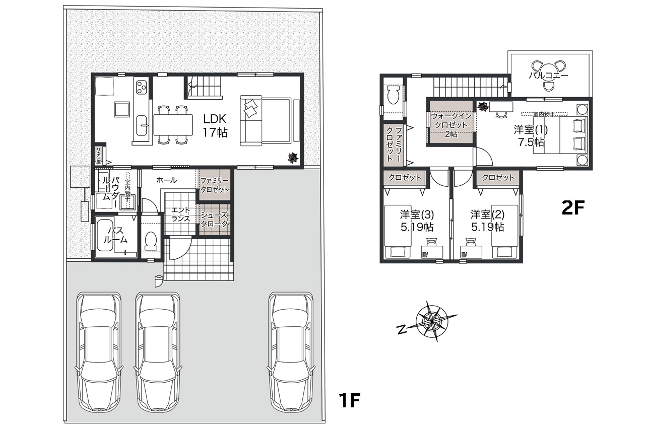 間取り図：3LDK+SC+WIC+2FC（家具・車の表記はイメージ配置になり、実際には付きません）