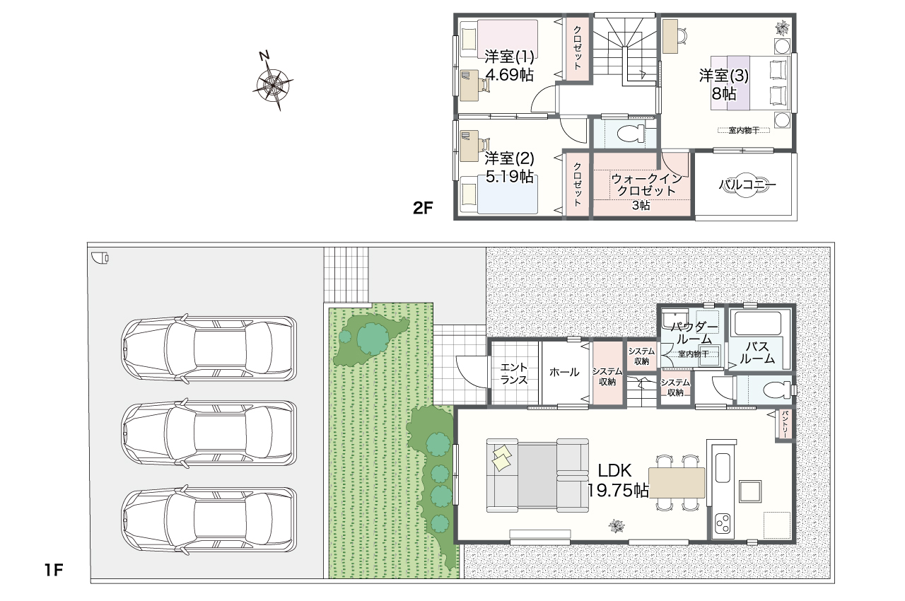 間取り図：3LDK＋WIC（家具・車の表記はイメージ配置になり、実際には付きません）