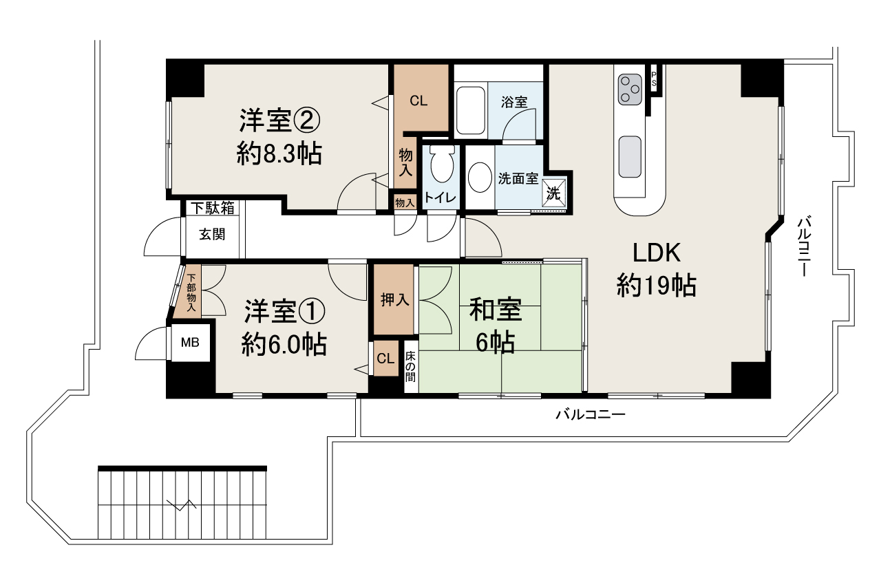 最上階の角住戸。ゆったり3LDKの間取りです。