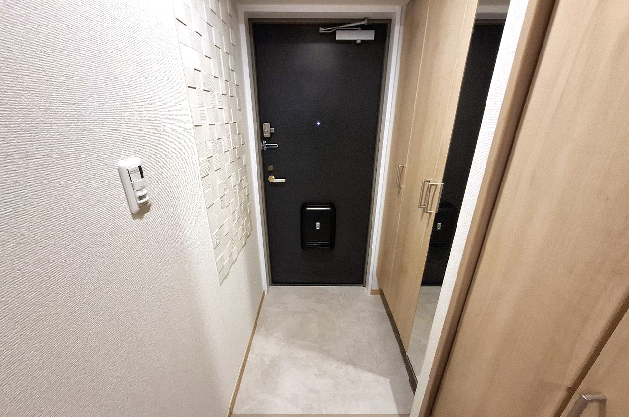 玄関:下駄箱新調、壁一部エコカラット貼り