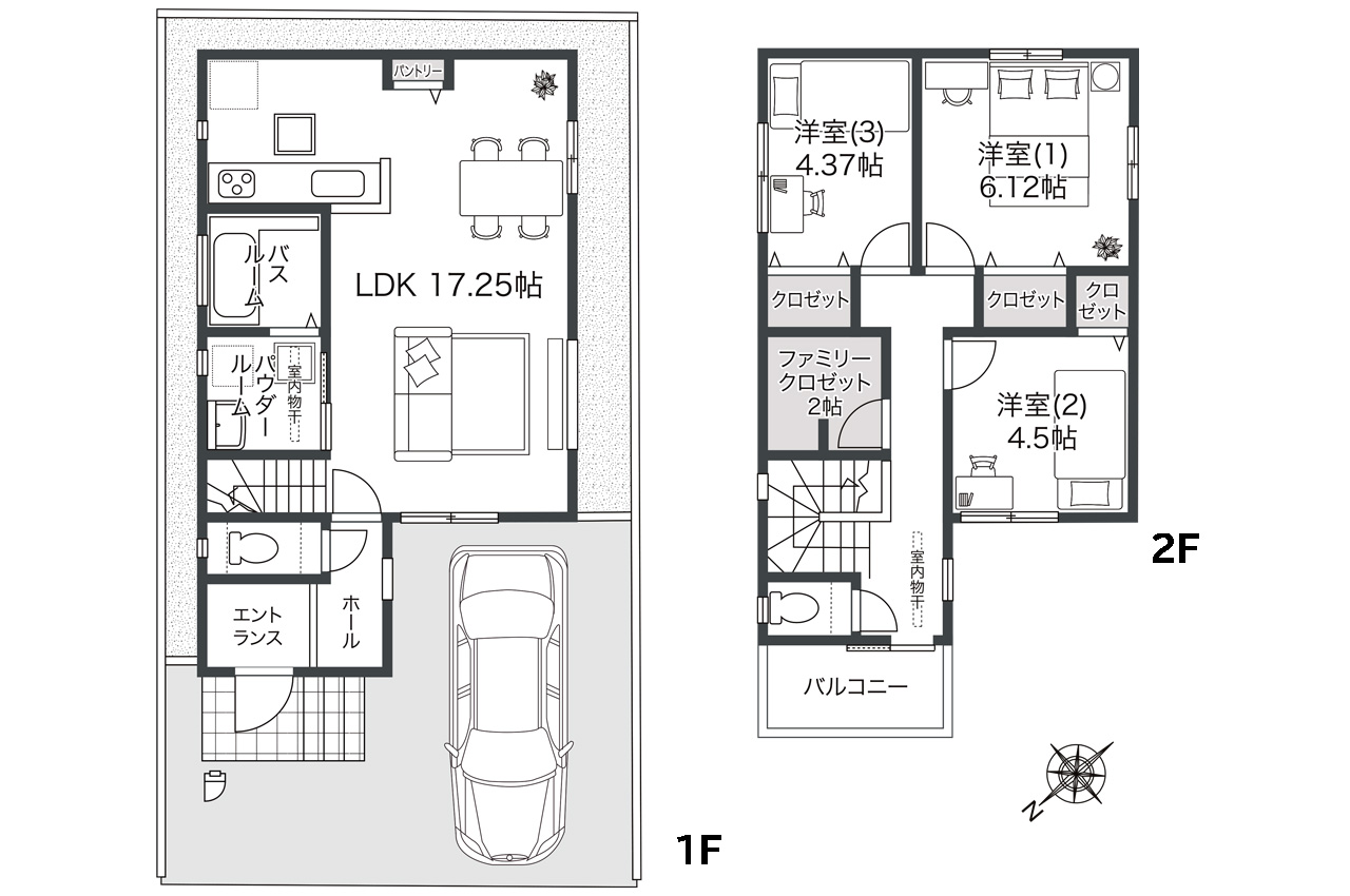 コンパクトでスリムな心地よい間取り（家具・車の表記はイメージ配置になり、実際には付きません）