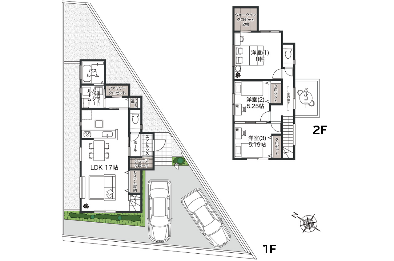 間取り図:3LDK+SC+WIC+FC(家具・車のイラストはイメージ)