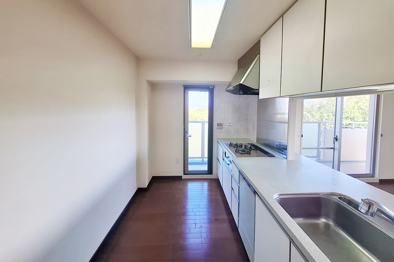 キッチン勝手口：換気やゴミ出しに便利です。