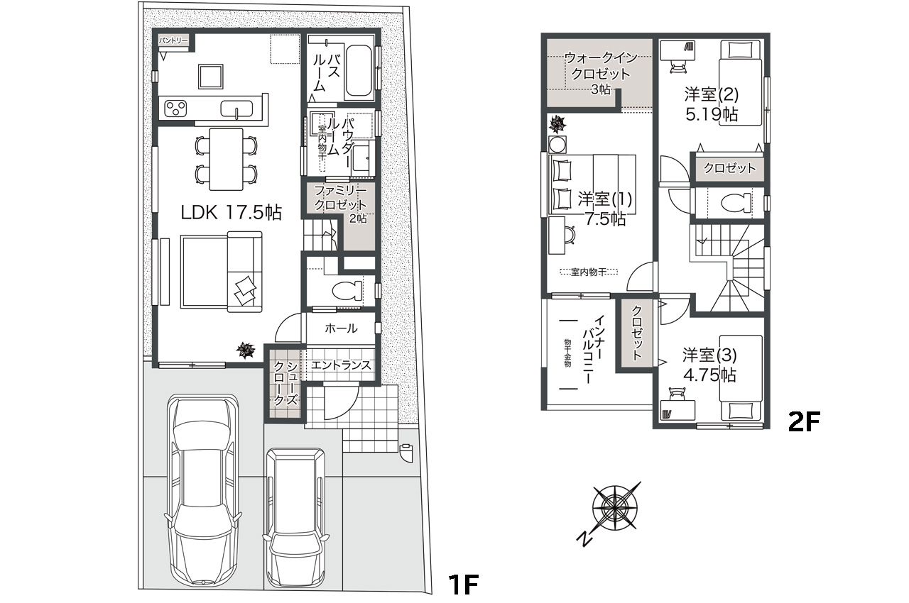 間取り図:3LDK+SC+WIC+FC(家具・車のイラストはイメージ)