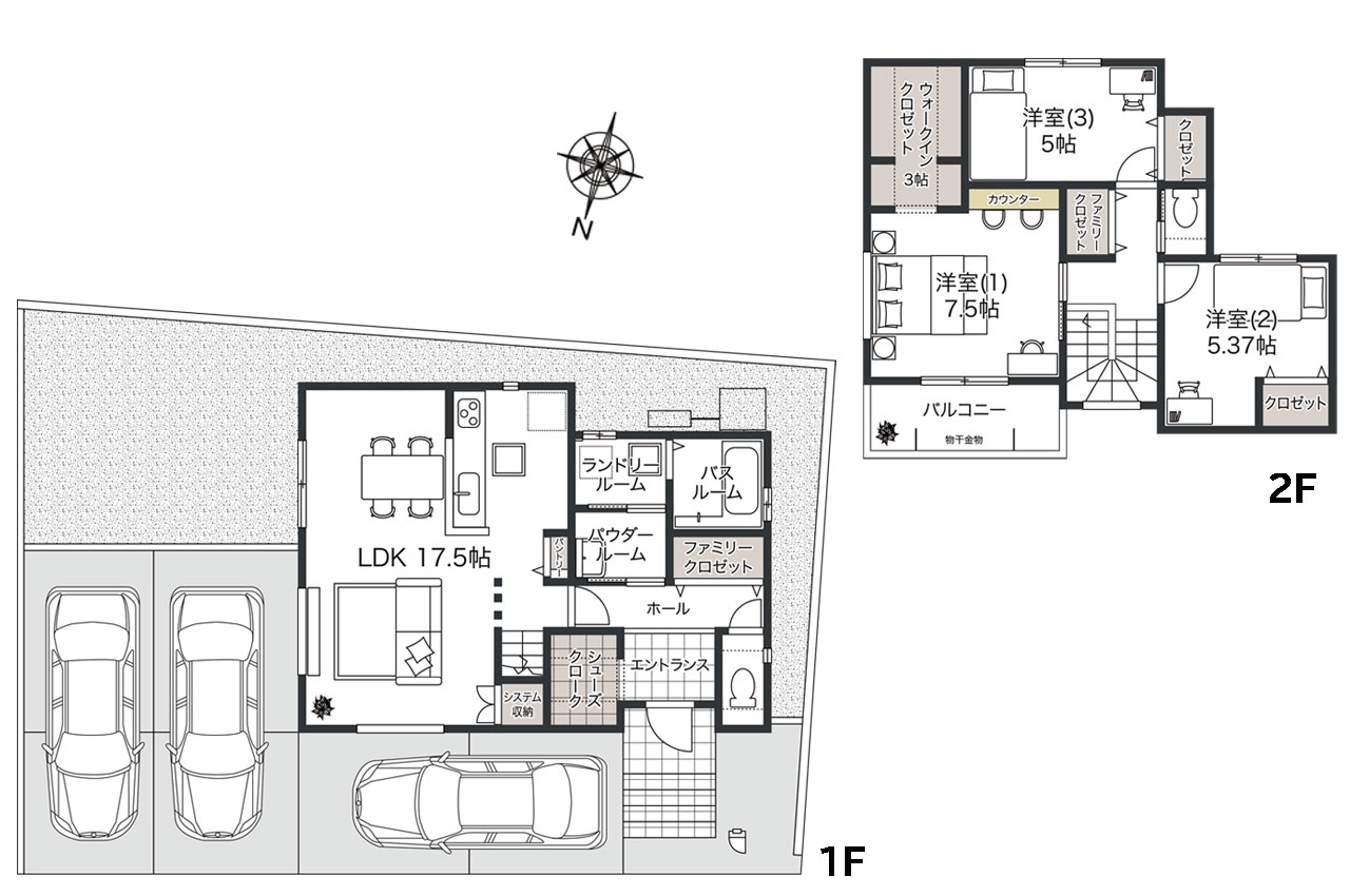 収納充実の3LDK＋SC＋WIC+2FC（家具・車の表記はイメージ配置になり、実際には付きません）