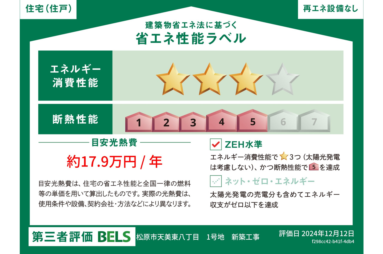 BELSとは第3者評価機関が評価し認定した『建築物省エネルギー性能』をわかりやすく表示したものです。