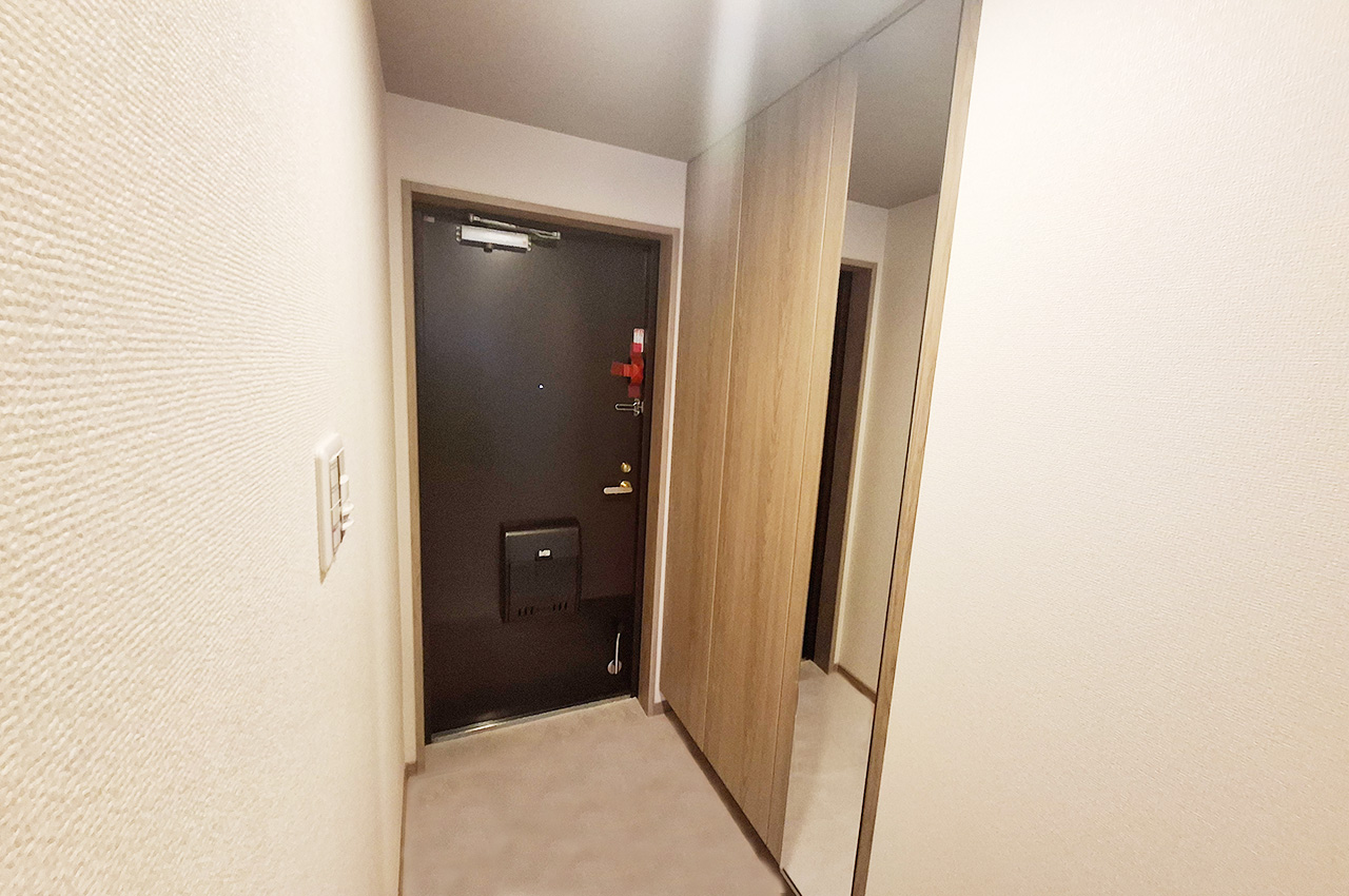 玄関:姿見付きの下駄箱を新調済み。