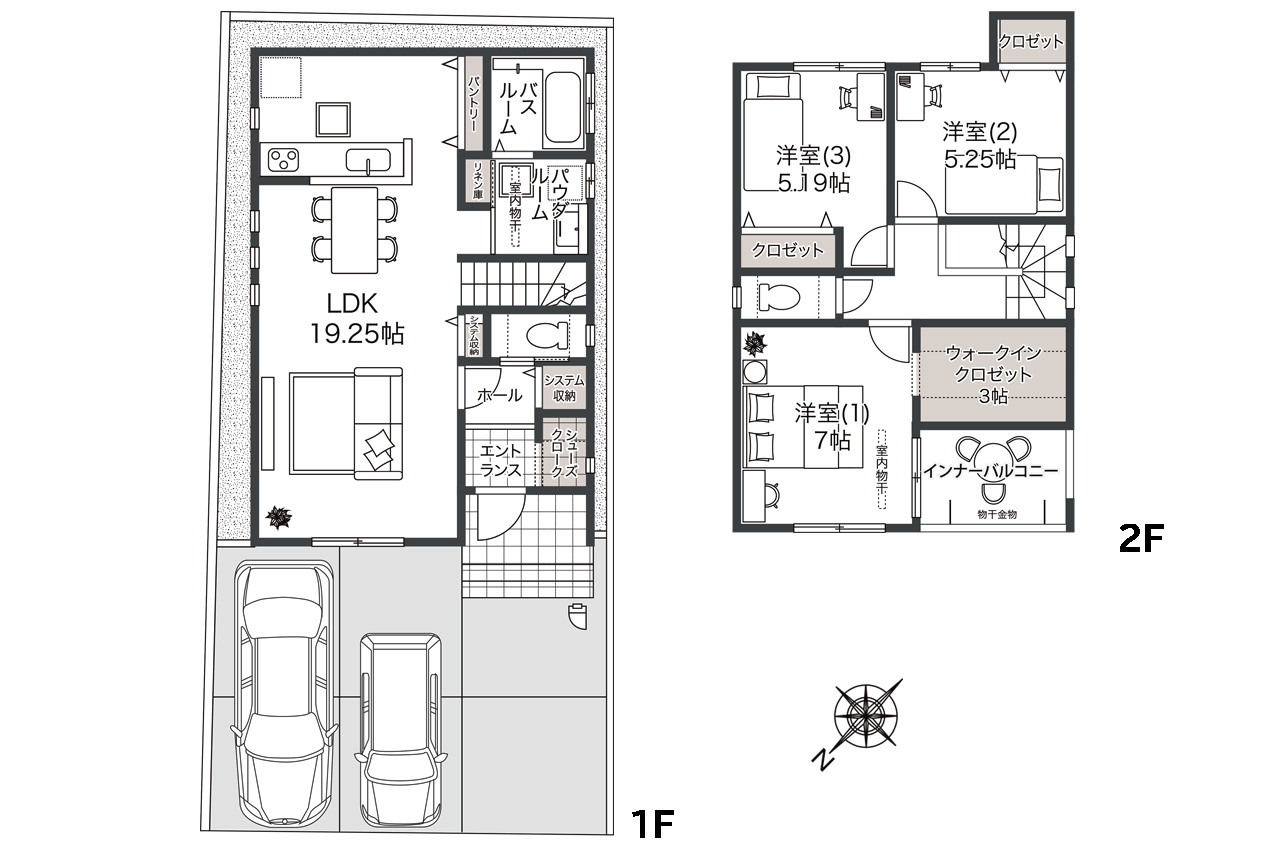 収納充実の3LDK：3LDK＋SC+WIC（家具・車のイラストはイメージ）