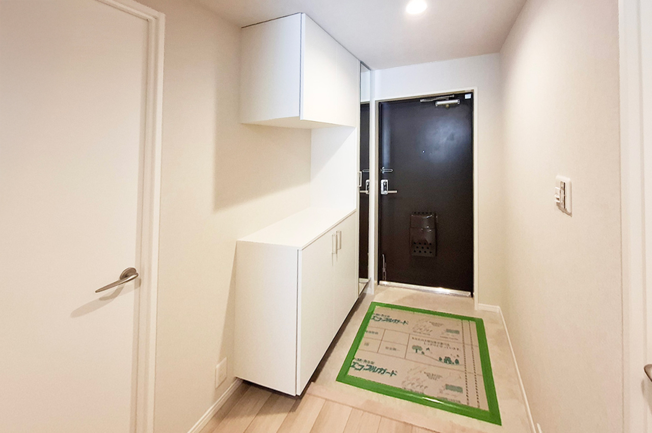 玄関：姿見付きの下駄箱を新調済み。