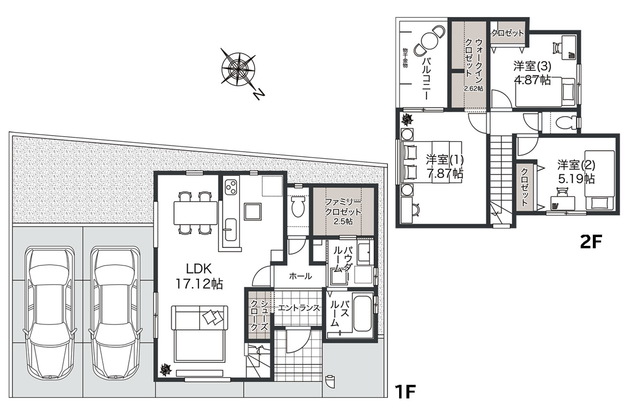 3LDK＋SC＋FC＋WIC（家具・車の表記はイメージ配置になり、実際には付きません）