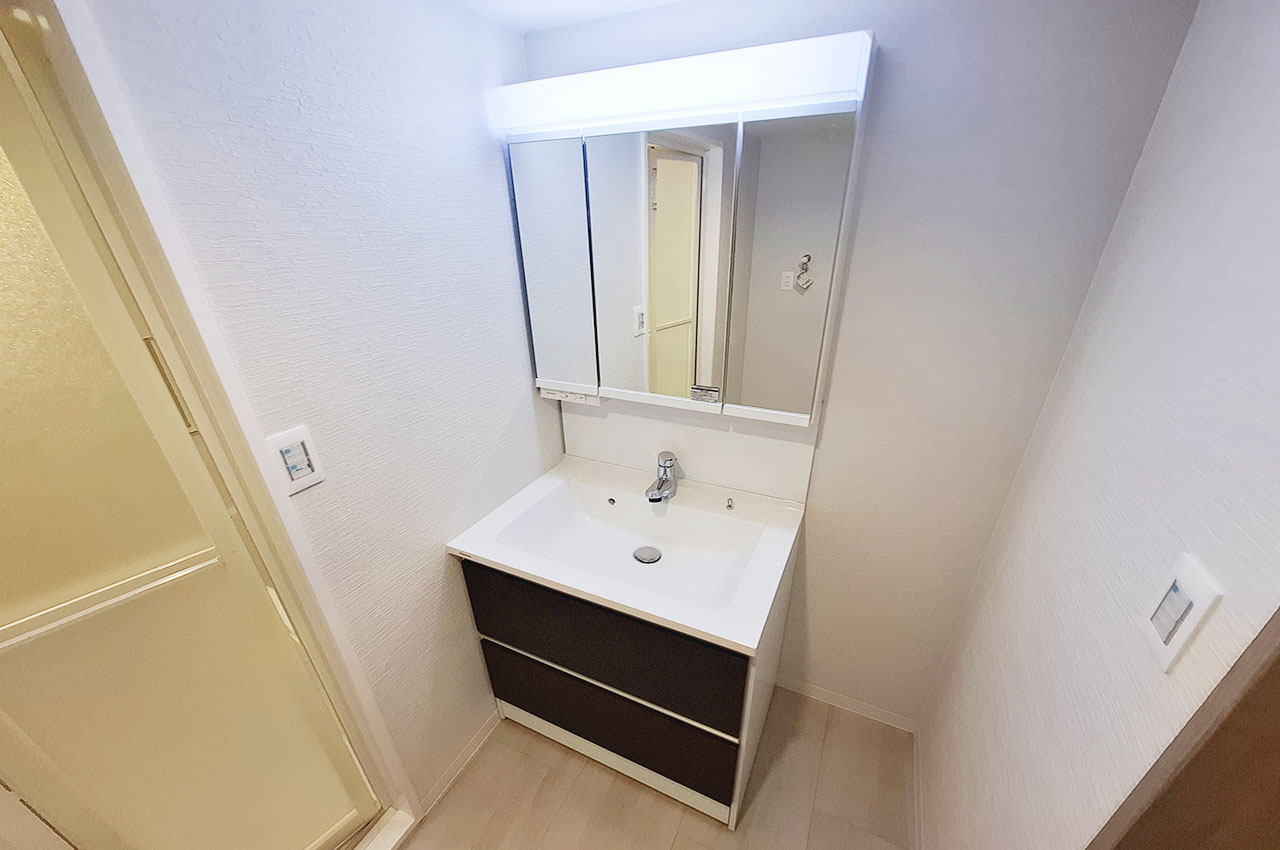 洗面室:新調済みの洗面化粧台で清潔感あり。