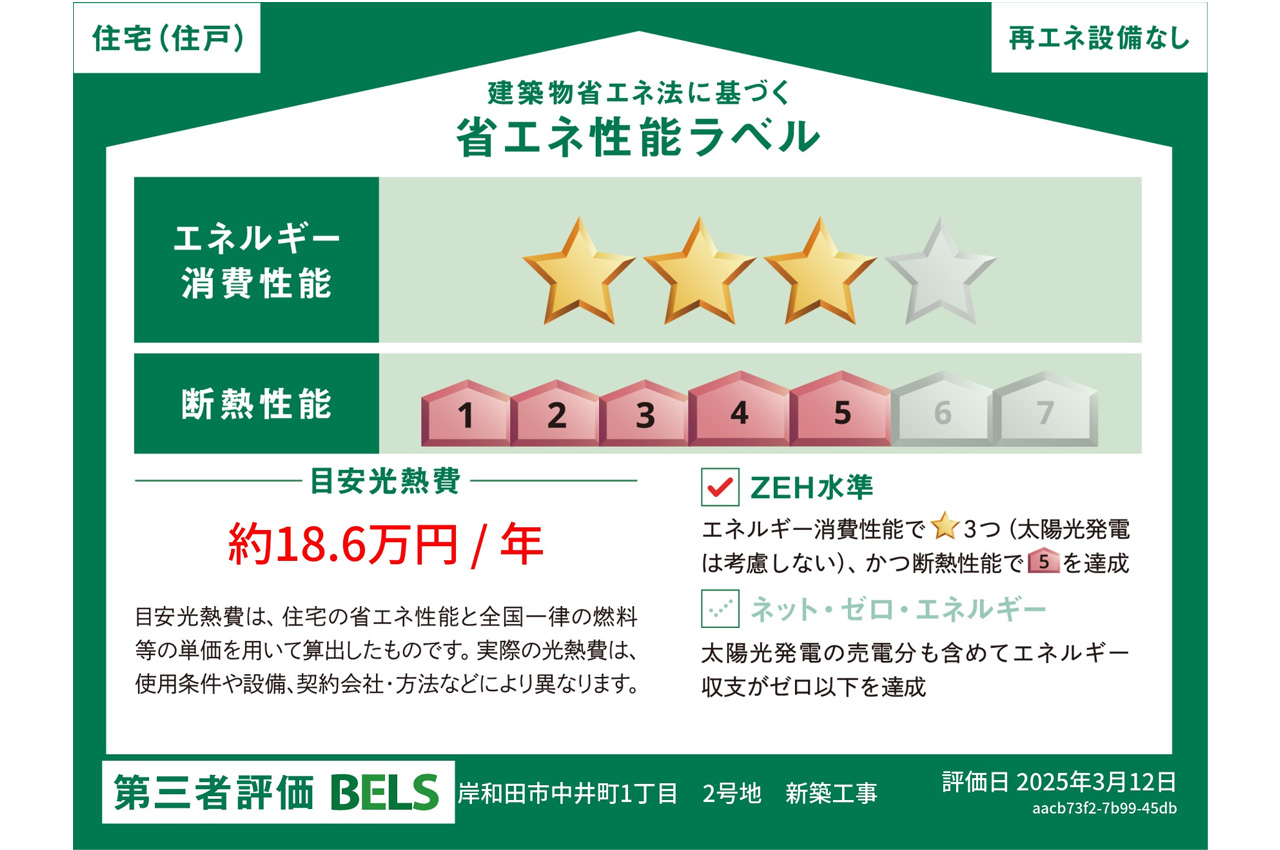 BELSとは第3者評価機関が評価し認定した『建築物省エネルギー性能』をわかりやすく表示したものです。