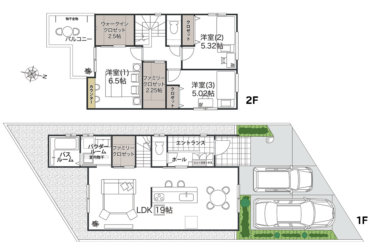 3LDK+2FC+WIC（家具・車の表記はイメージ配置になり、実際には付きません）