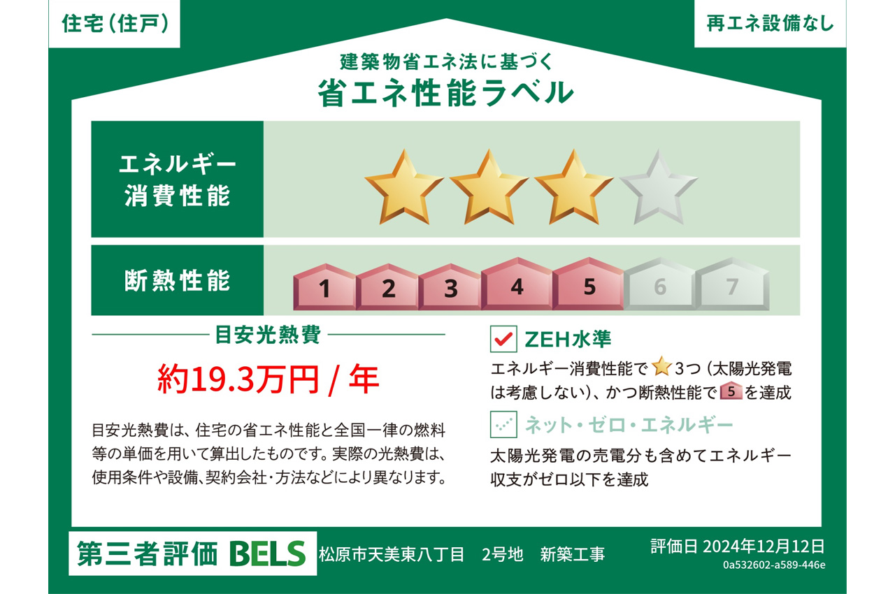 BELSとは第3者評価機関が評価し認定した『建築物省エネルギー性能』をわかりやすく表示したものです。