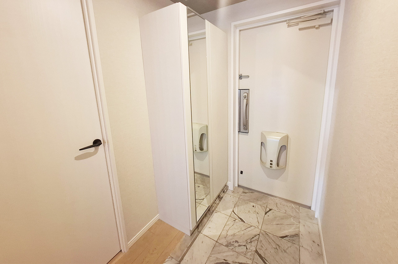 玄関：姿見付きの下駄箱を新調済み。