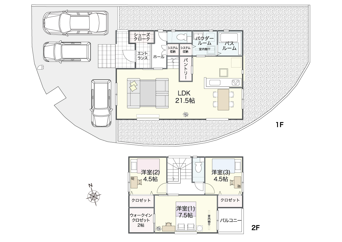 間取り図:3LDK+WIC+SC(家具・車の表記はイメージ配置になり、実際には付きません)