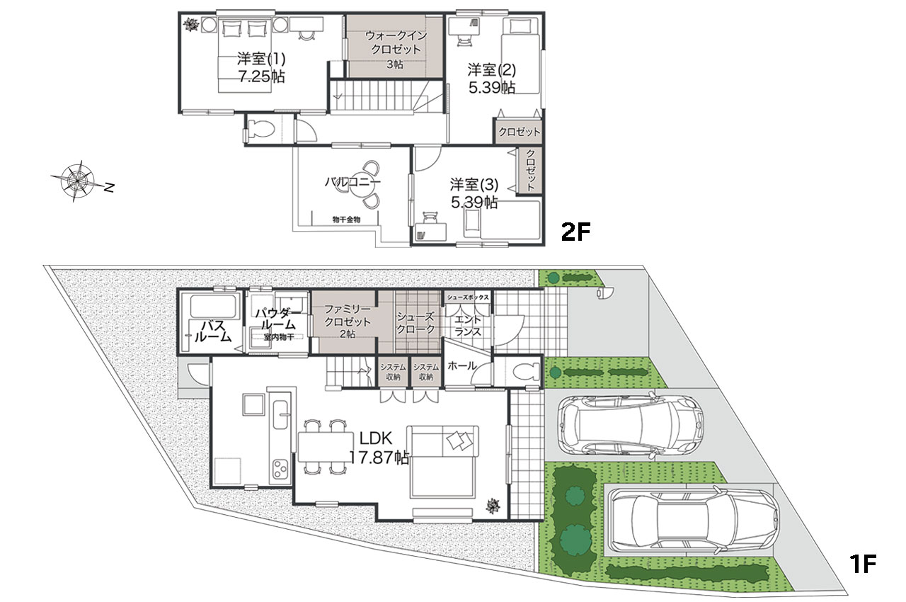 間取り図（3LDK＋SC+FC＋WIC）：家具・車の表記はイメージ配置になり、実際には付きません