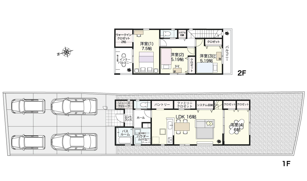 57.93坪のゆとりの敷地（家具・車の表記はイメージ配置になり、実際には付きません）