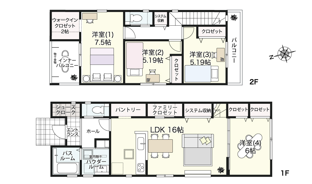 収納が充実したゆとりの4LDK（家具・車の表記はイメージ配置になり、実際には付きません）