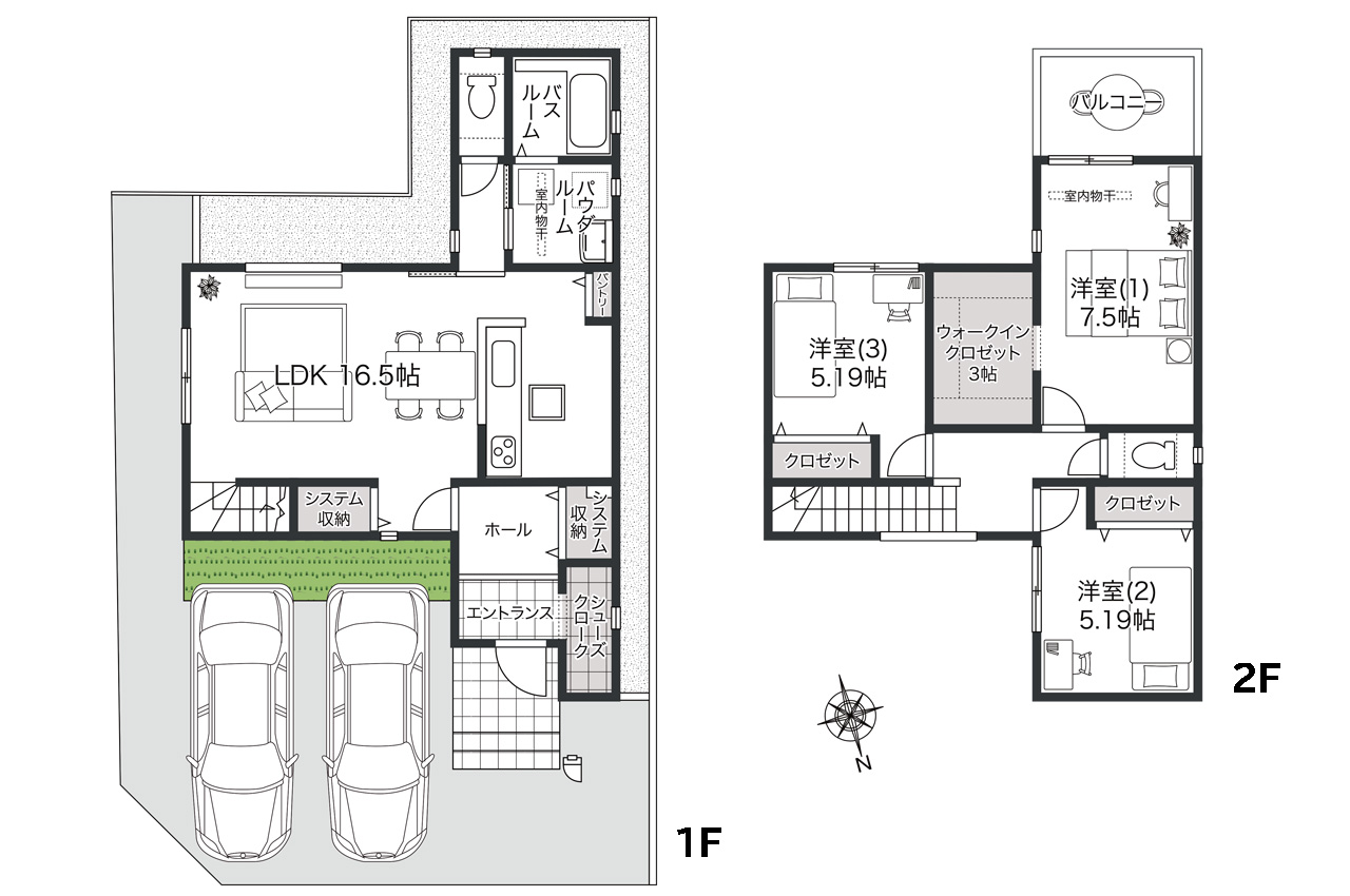 すっきりとした快適空間を叶える間取り（家具・車・植栽の表記はイメージ配置になり、実際には付きません）