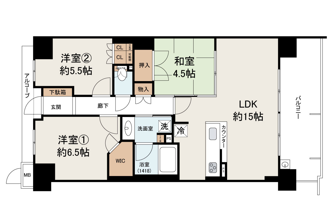 間取り図:約15帖のLDKを備えた3LDK間取り。南東向きバルコニー付き。