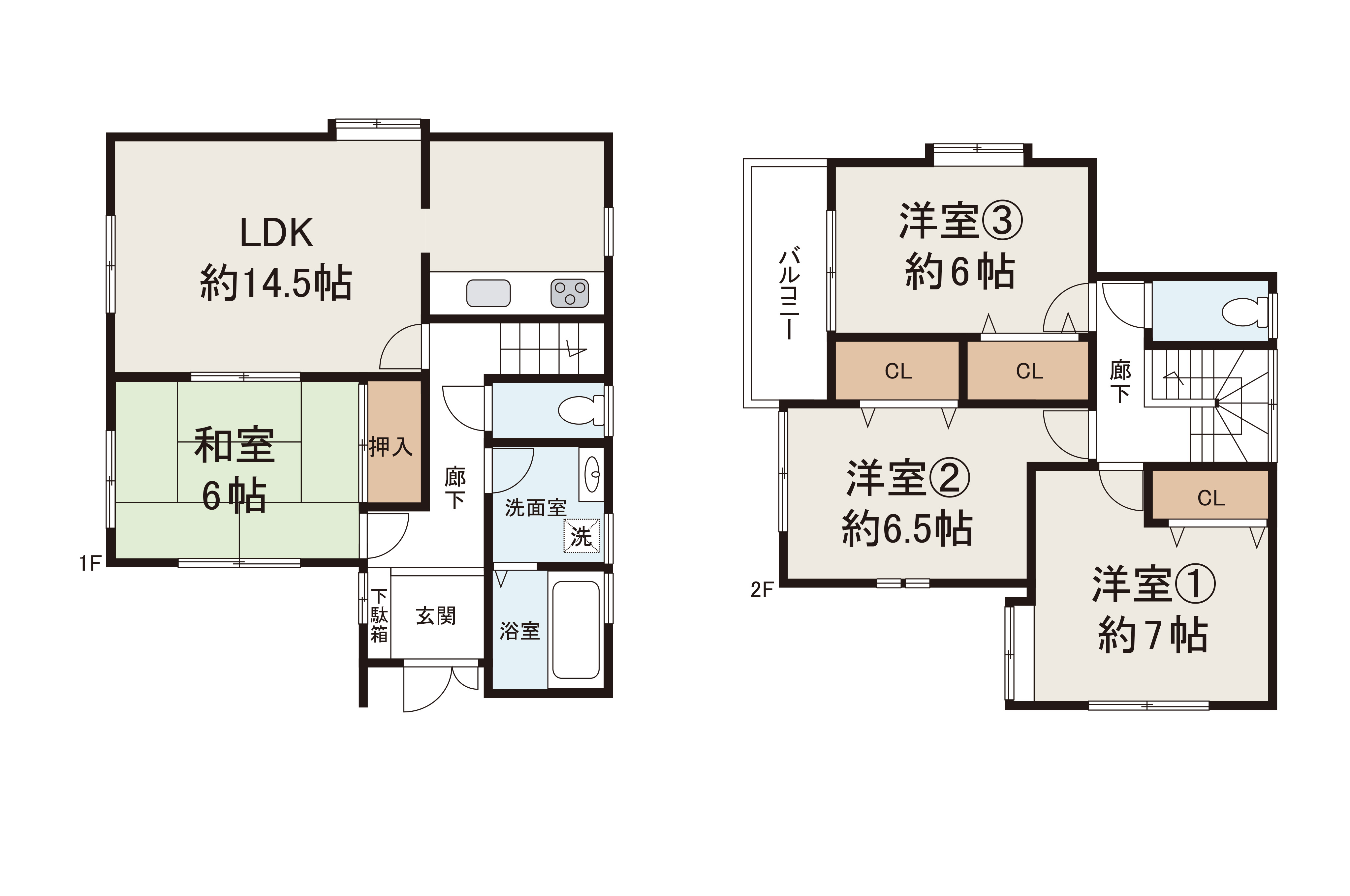 間取り図:全居室6帖以上・収納付きの4LDK。
