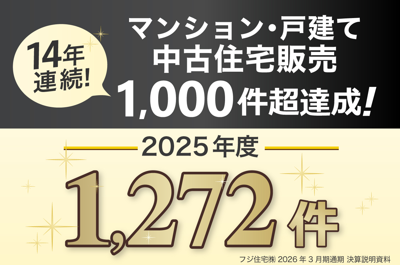 フジ住宅は「マンション・戸建ての中古住宅販売件数」において、14年連続1000件超を達成しました！